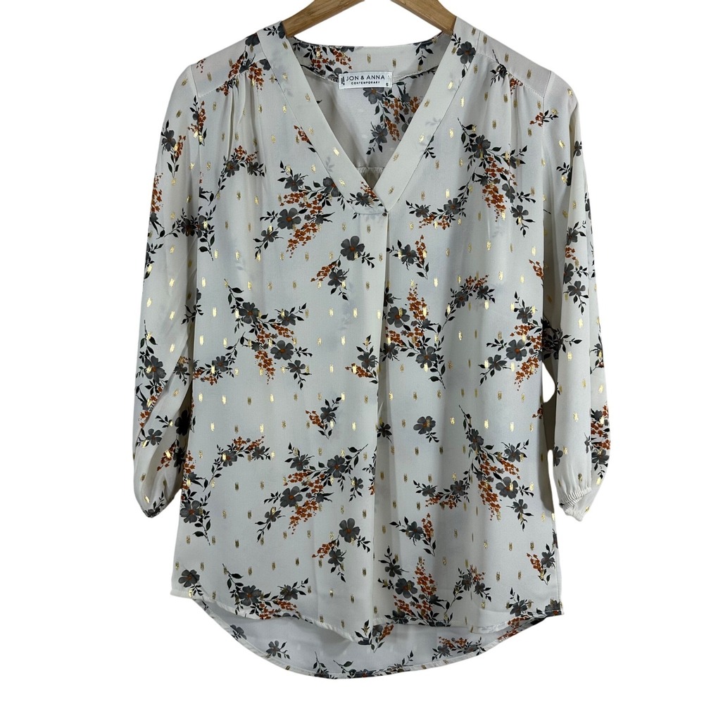 Jon & Anna Contemporary Floral V-Neck Blouse Gold Metallic Foil Dots Small Cream